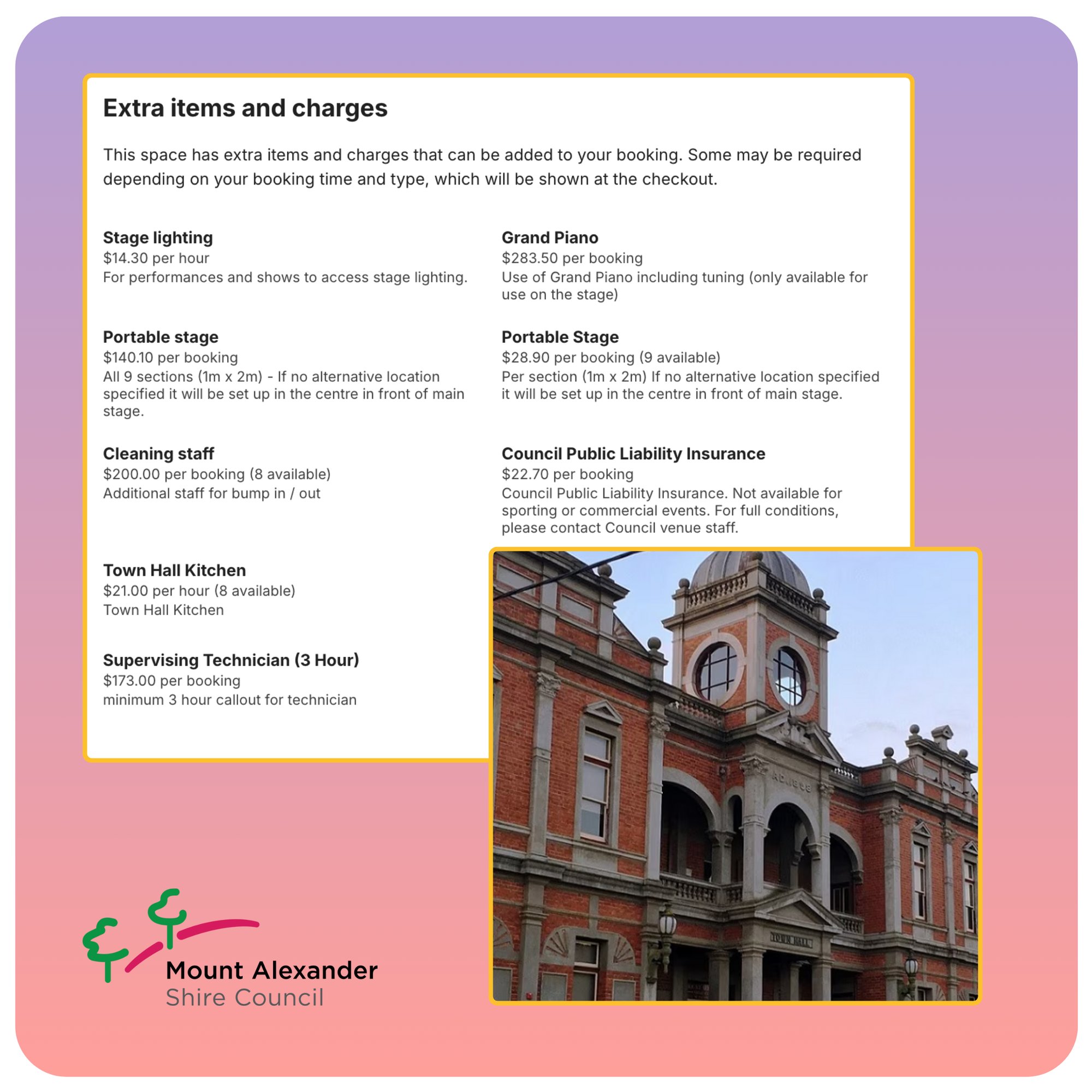 Mount Alexander Use Items and Charges on SpacetoCos council venue booking system
