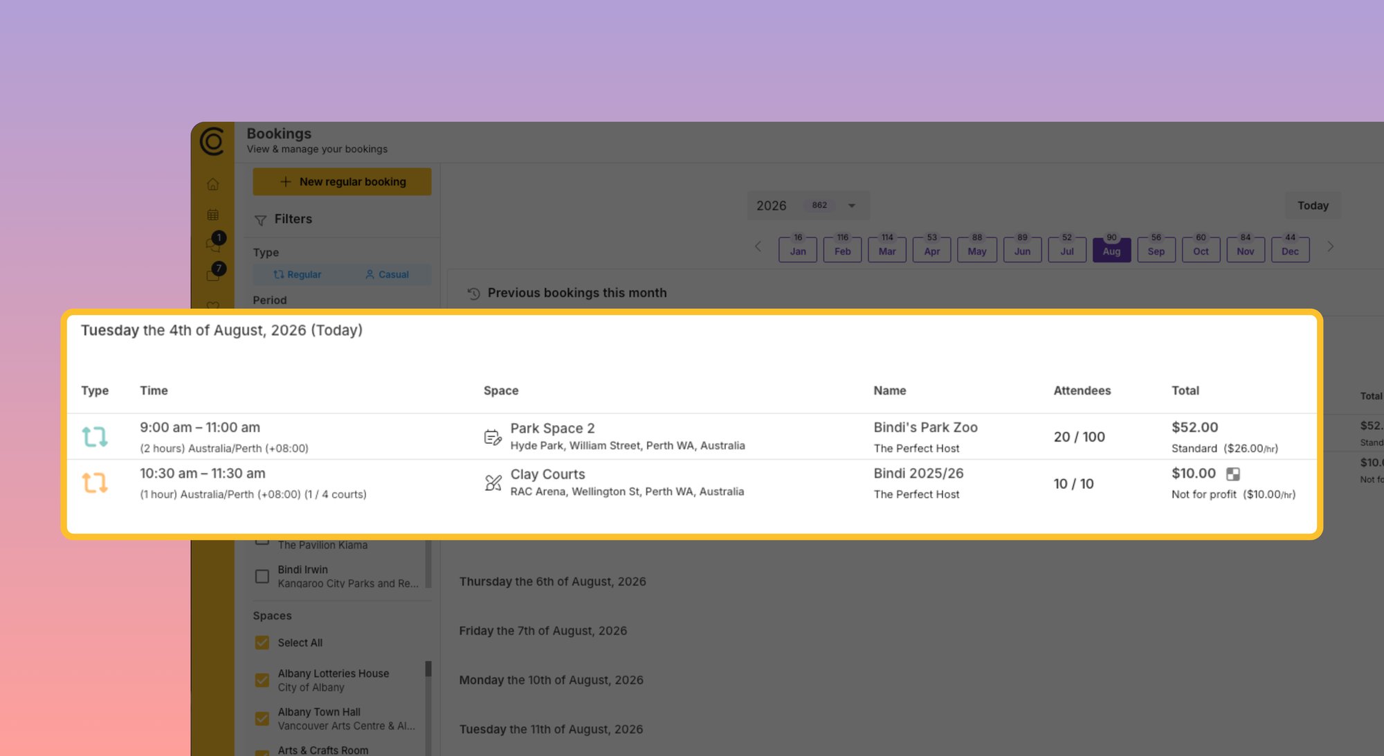 Viewing bookings - regular hirer