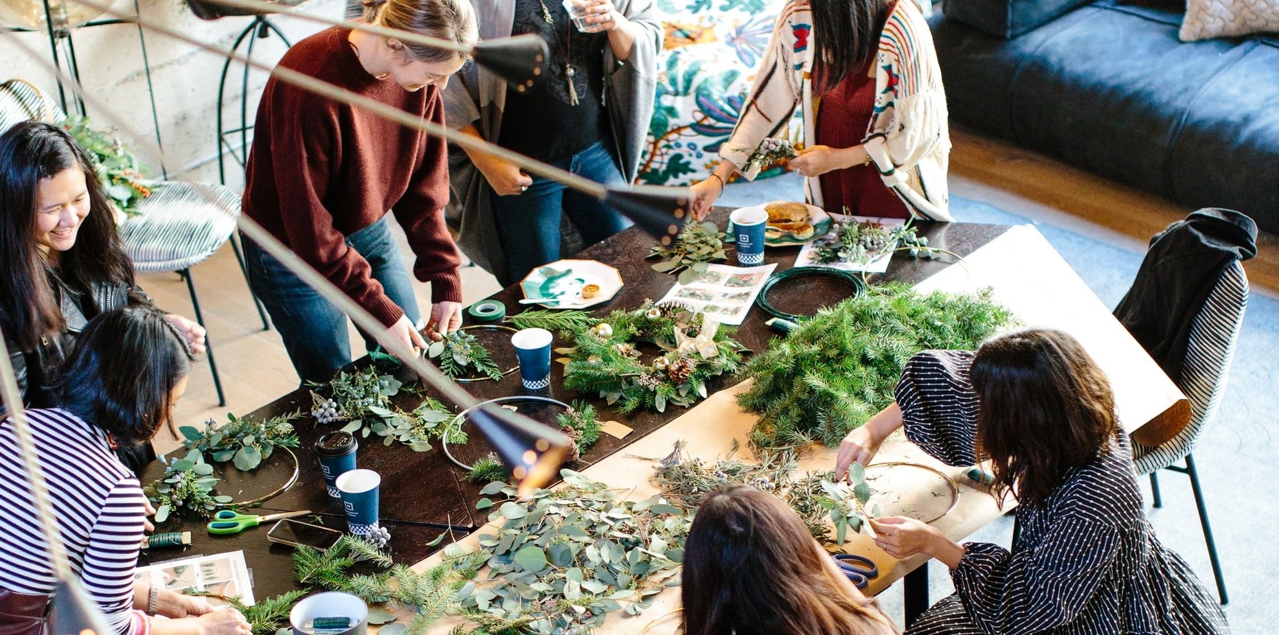 Community group gathering to do a creative wreath workshop