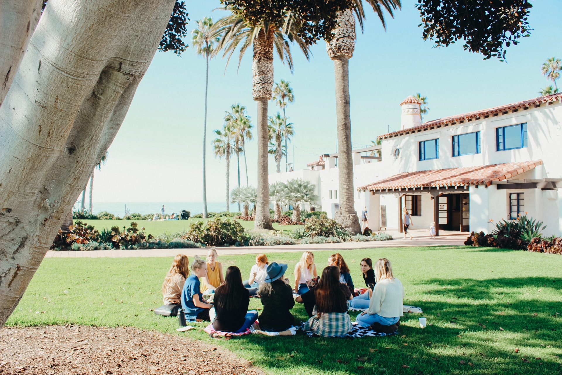 A community group of ladies meeting under a tree outside on a field of grass