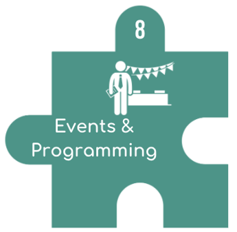 SpacetoCo puzzle piece graphic showing events and programming as a community space revenue stream.