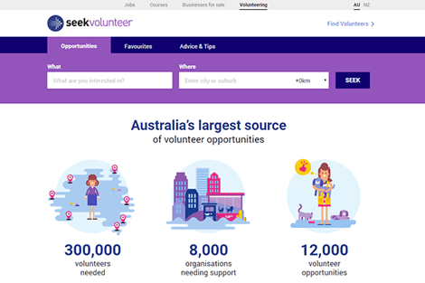 SEEK Volunteer homepage showing stats of 300,000 volunteers needed, 8,000 organisations needing support and 12,000 volunteer opportunities in Australia